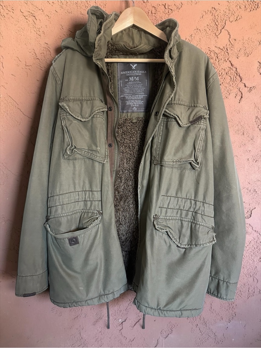 VTG Distressed American Eagle Sherpa Lined Military Field Jacket Olive Green
